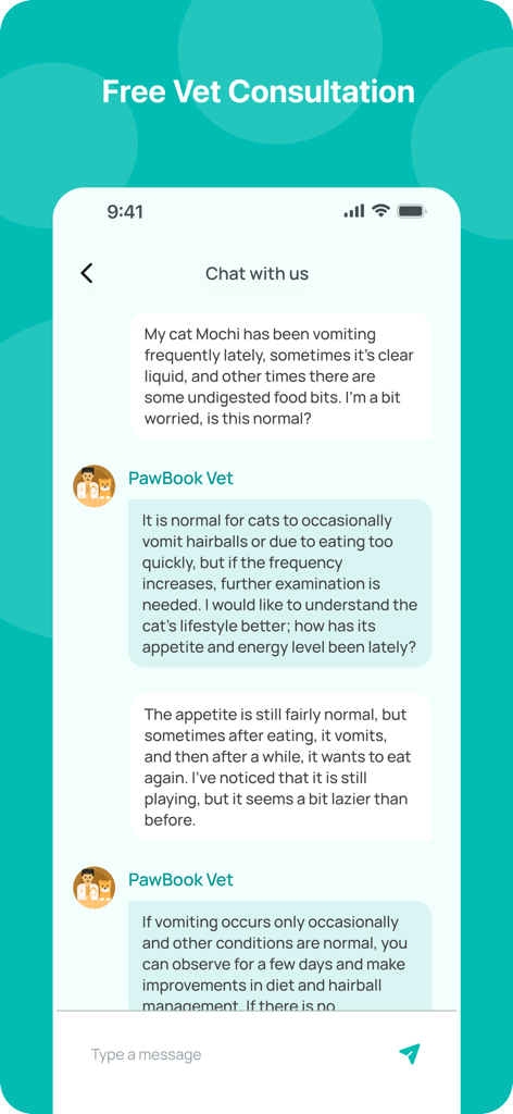 PawBook- Pet Diary - PawBook mobile app interface showing a real-time chat with a professional veterinarian for pet health advice.