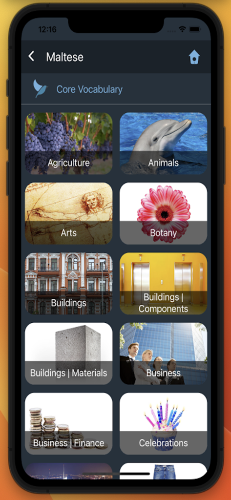 Bluebird: Learn Maltese - Screen from the Bluebird Learn Maltese app showing core vocabulary categories with images for topics like Agriculture, Animals, Arts, and Botany