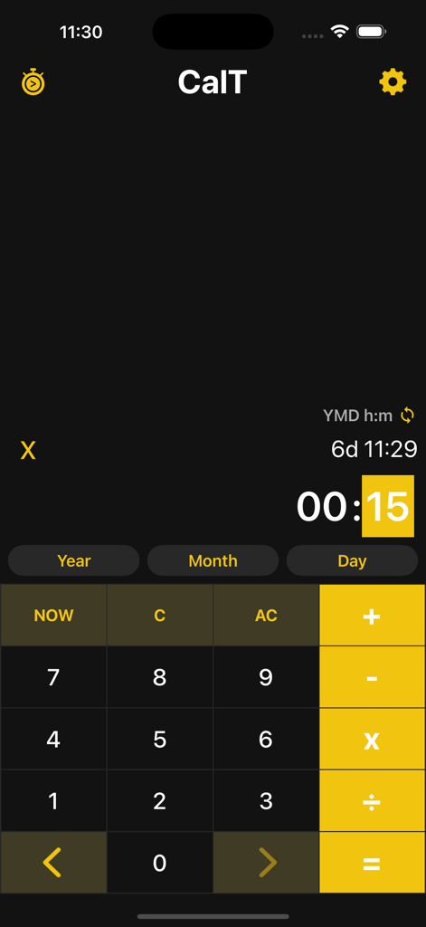 Interfaccia dell'app CalT che mostra una calcolatrice di date e ore a tema scuro con tastiera numerica e pulsanti operatore gialli