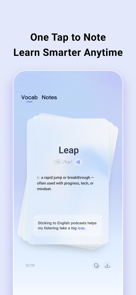English vocabulary learning card in the ListenLeap app showing the definition and usage of the word Leap