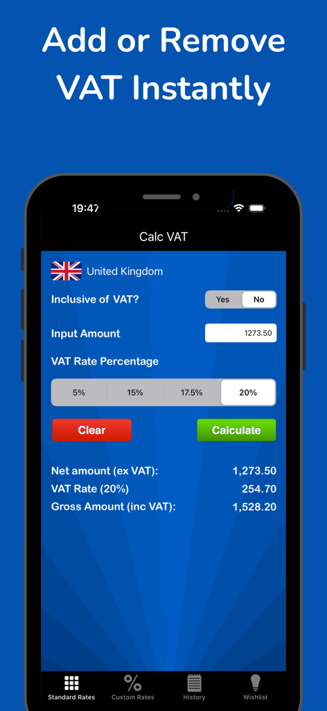 Calc VAT – UK VAT Calculator - Calc VATモバイルアプリのインターフェースのスクリーンショット。正味額と総額の内訳が表示された英国VAT計算を示しています。