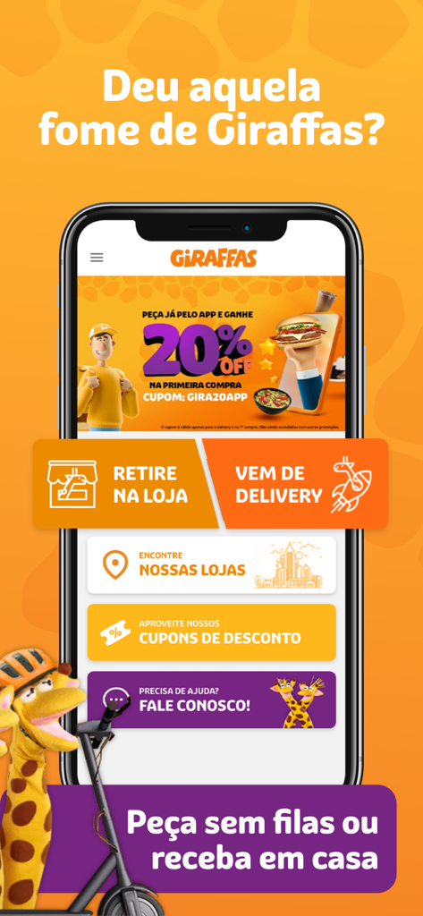 Home screen of the Giraffas food app showing a 20 percent discount coupon and options for store pickup or home delivery
