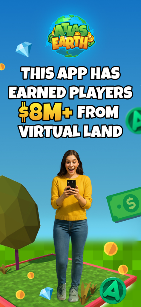 Atlas Earth promotional screen showing over 8 million dollars earned by players from virtual land.