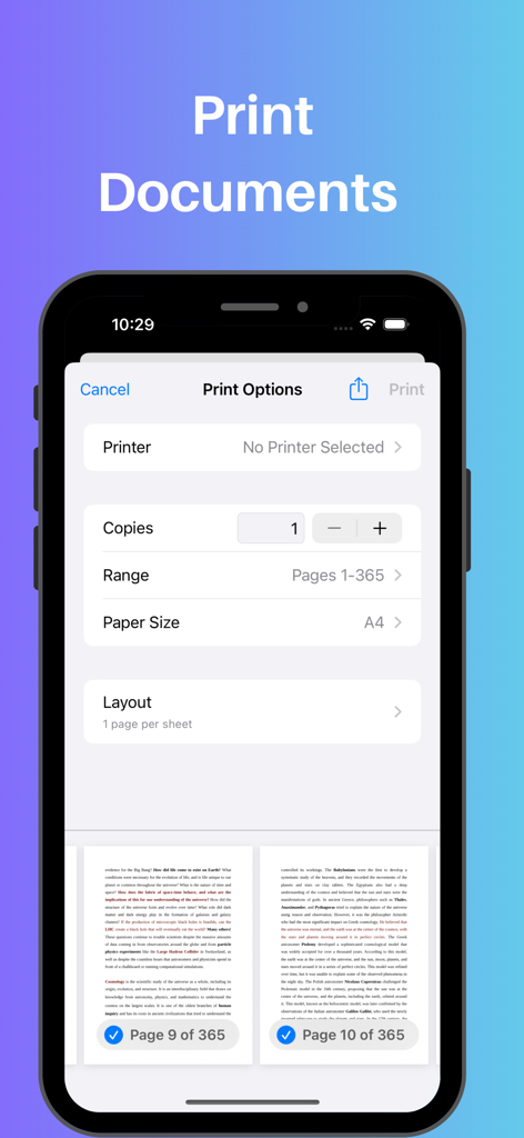 Printer App: Scan PDF, Print - Interface of the Printer App showing document print options and page selection on an iPhone