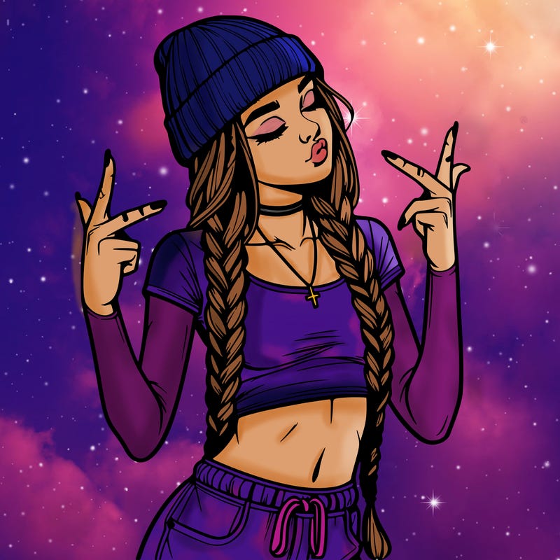 realistic teenage girl with braids and a beanie and crop top doing 🫶🏼