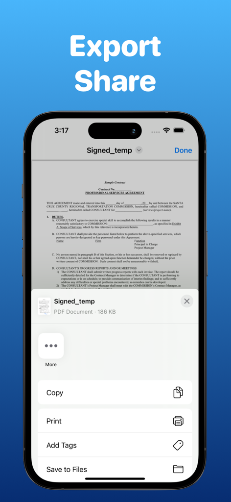 Menu de partage iOS pour un accord de services professionnels signé sur un smartphone