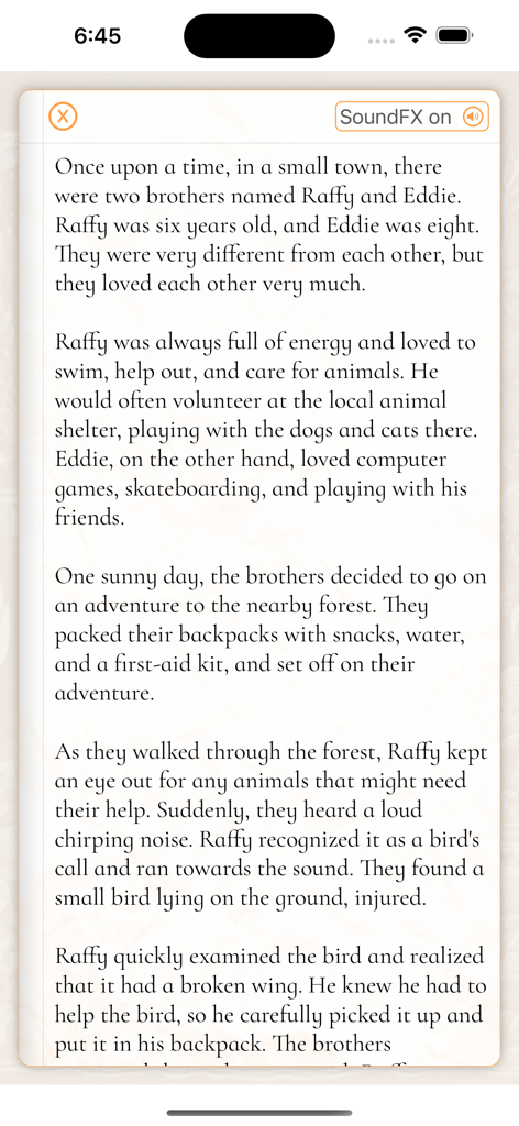 AI Stories For Kids - Personalized story reading interface with SoundFX enabled for kids bedtime stories.