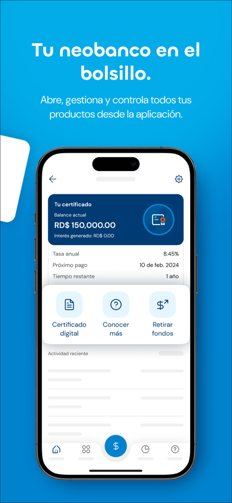 Qik Banco Digital - Qik Banco Digital mobile App-Oberfläche, die ein Termineinlagenkonto mit Kontostand und jährlichem Zinssatz anzeigt