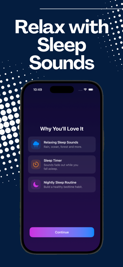 Fan Noise: Sleep Better - Captura de pantalla de la pantalla de características de la aplicación Ruido de Ventilador que muestra sonidos relajantes para dormir, temporizador de sueño y opciones de rutina de sueño nocturna
