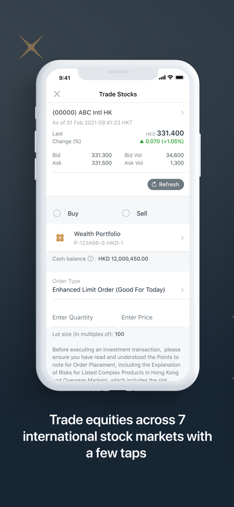 DBS digibank HK app stock trading screen showing international market equity options and wealth portfolio balance
