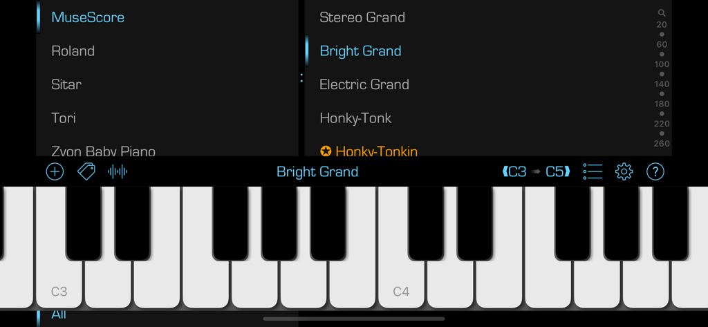 SoundFonts - La interfaz de la aplicación SoundFonts mostrando un teclado de piano virtual con menús de selección de sonido para diferentes instrumentos y parches.