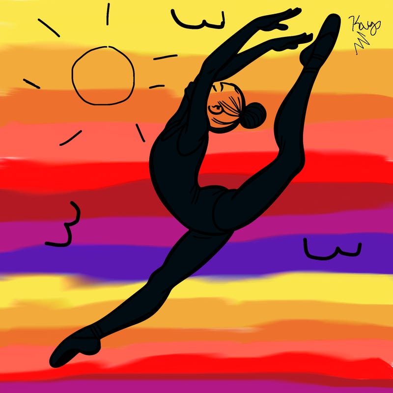 gymnast doing a leap in a leotard with a bent back leg