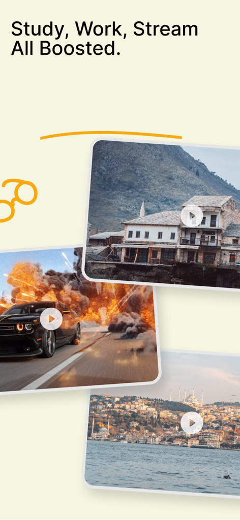 Heysocks VPN - Fast and stable - Pantalla promocional de Heysocks VPN con rendimiento mejorado para estudio, trabajo y streaming con previsualizaciones de video.