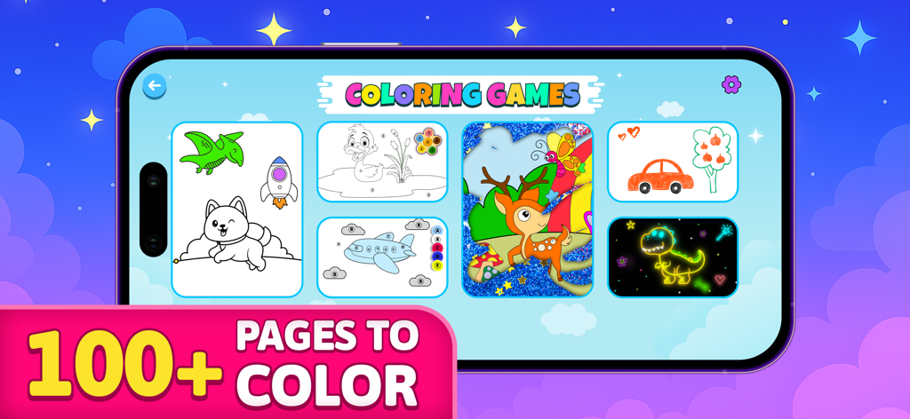 Kids Drawing Games: Color,Draw - Kids Drawing Games app interface displaying various coloring page themes and activities with over 100 pages to color