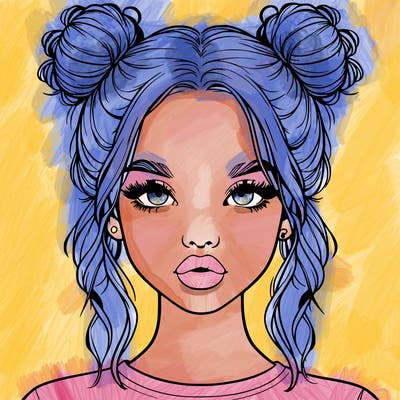 realistic girl with two buns in hair and lips