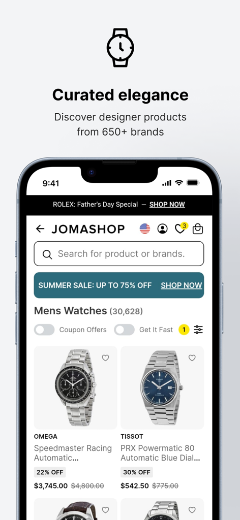 Interface do aplicativo Jomashop mostrando relógios de luxo masculinos com descontos em marcas como Omega e Tissot