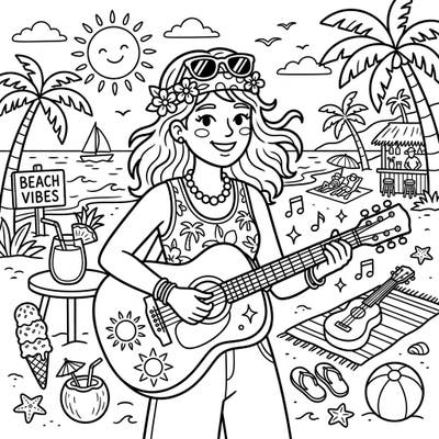 Immerse yourself in the sunny vibes of this delightful coloring page featuring a musician enjoying a summer day on the beach. Perfect for bringing warm hues and musical joy to life with your favorite colors.