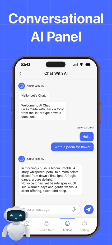 Daily Planner- Digital Planner - Una captura de pantalla de la interfaz de la aplicación Planificador Diario que muestra el Panel de Chat IA con una conversación entre un usuario y un asistente de IA escribiendo un poema.