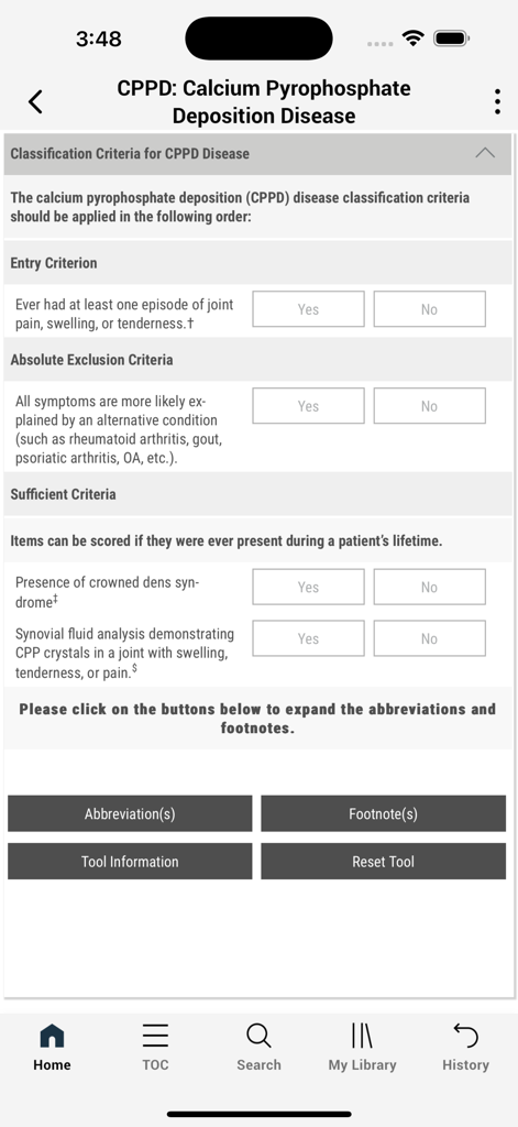 Guidelines And Criteria - Screenshot of the interactive CPPD disease classification criteria tool within the ACR Guidelines and Criteria app