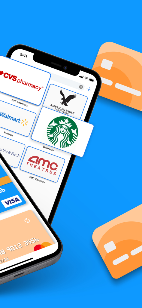 Secure Card Manager & Wallet - Interfaz de la aplicación Secure Card Manager que muestra tarjetas de fidelidad digitales y tarjetas bancarias en la pantalla de un smartphone