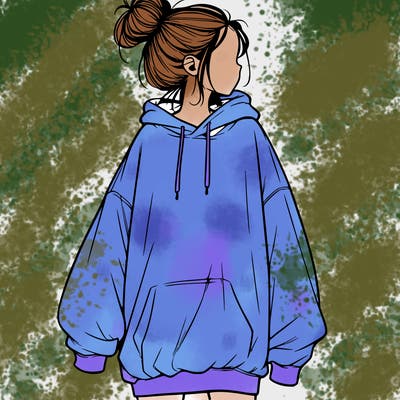 realistic girl with a oversized sweatshirt on and a bun