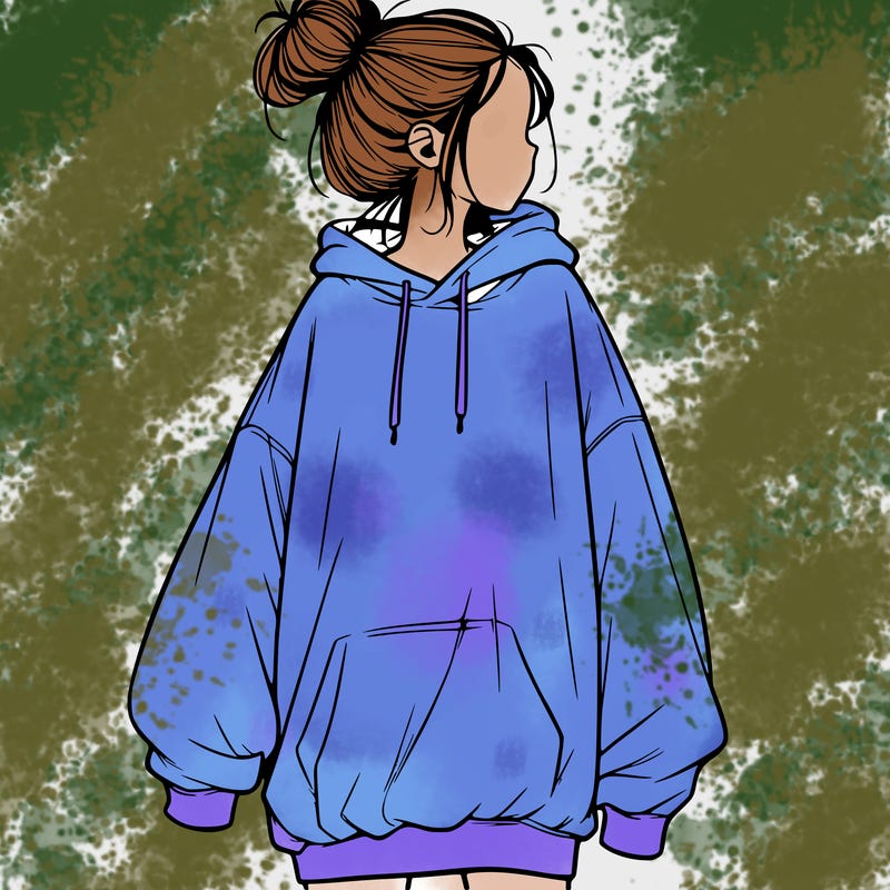 realistic girl with a oversized sweatshirt on and a bun