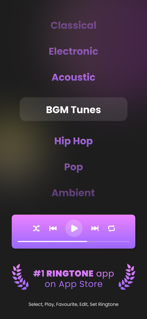 Music genre selection and playback screen for creating custom iPhone ringtones