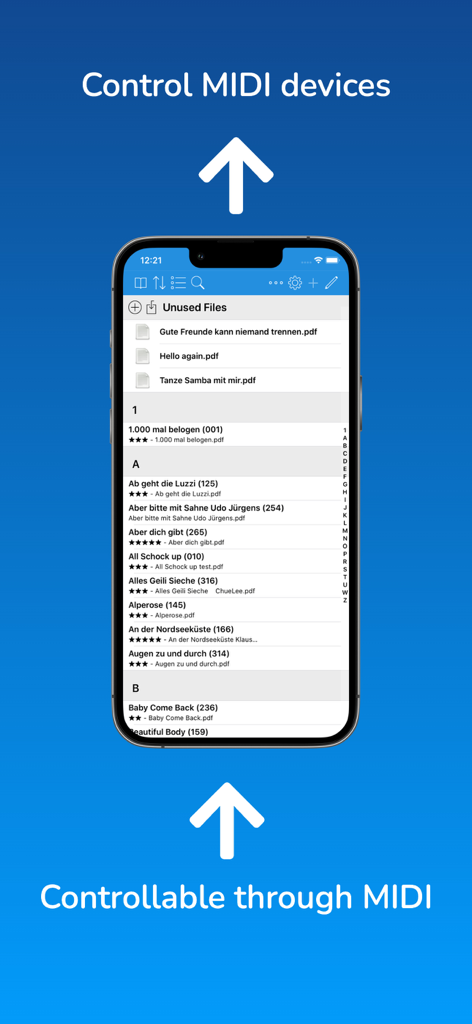 SongBook+ - Interfaz móvil de SongBook plus mostrando la biblioteca de canciones con opciones de control MIDI.