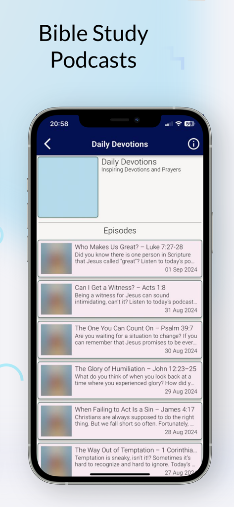 Bible NIV: with study tools - Una pantalla de teléfono inteligente que muestra una lista de episodios de podcasts de estudio bíblico diarios y devocionales