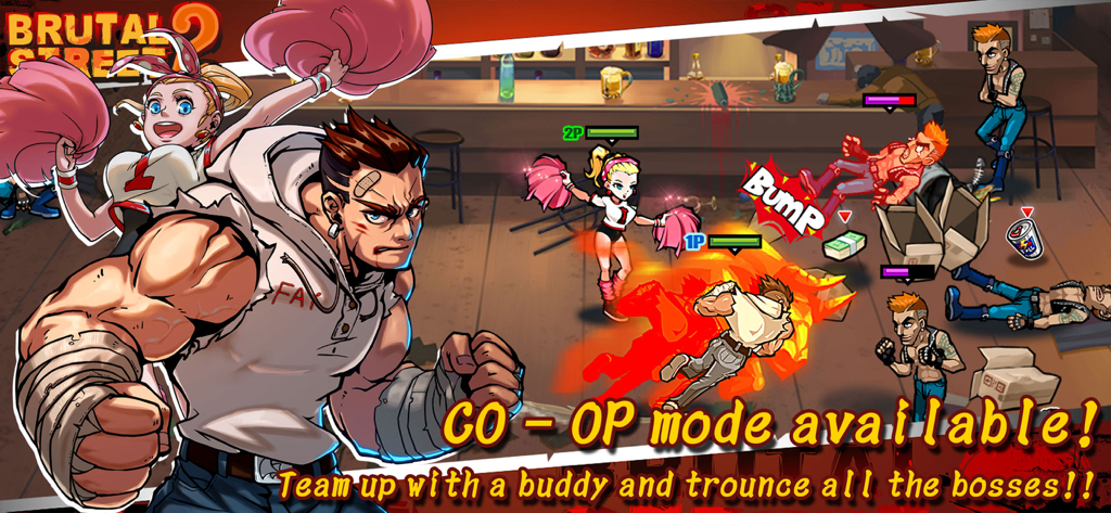Brutal Street 2 mobile game screenshot showing two player co op gameplay in a bar setting