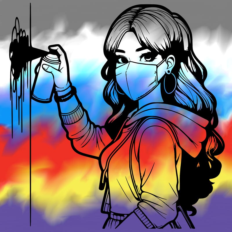 realistic girl with mask spray painting a wall