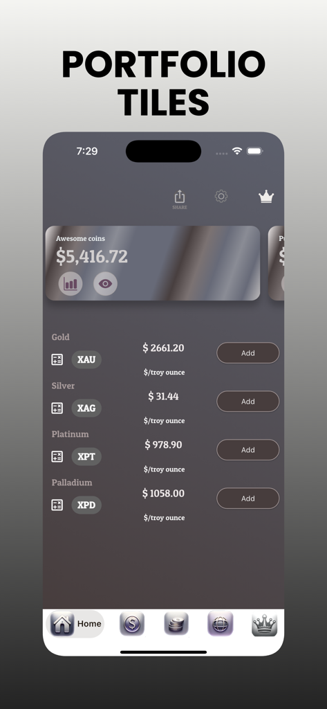 Gold Calculator ￮ - Portfolio tiles in Gold Calculator app showing collection value and metal prices