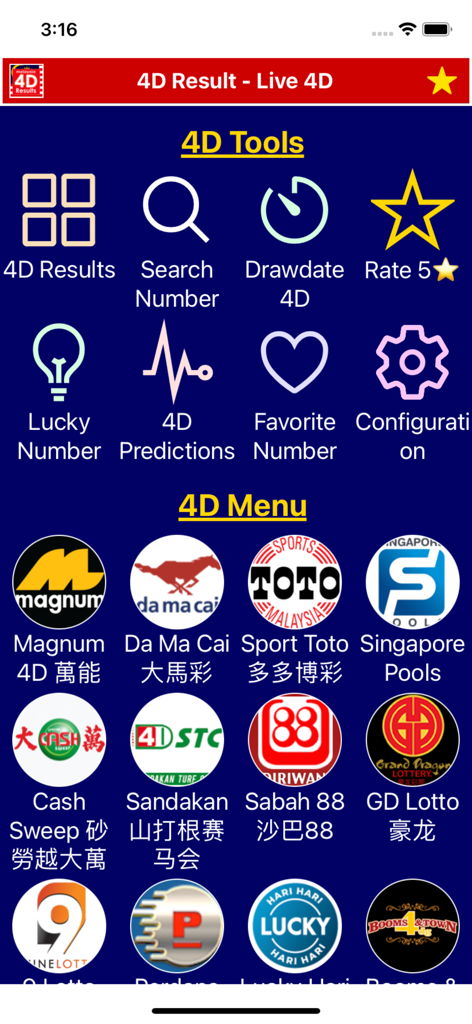 4D Result - Live 4D Lottery - Dashboard of the 4D Result app showing Malaysia and Singapore lottery tools and game options
