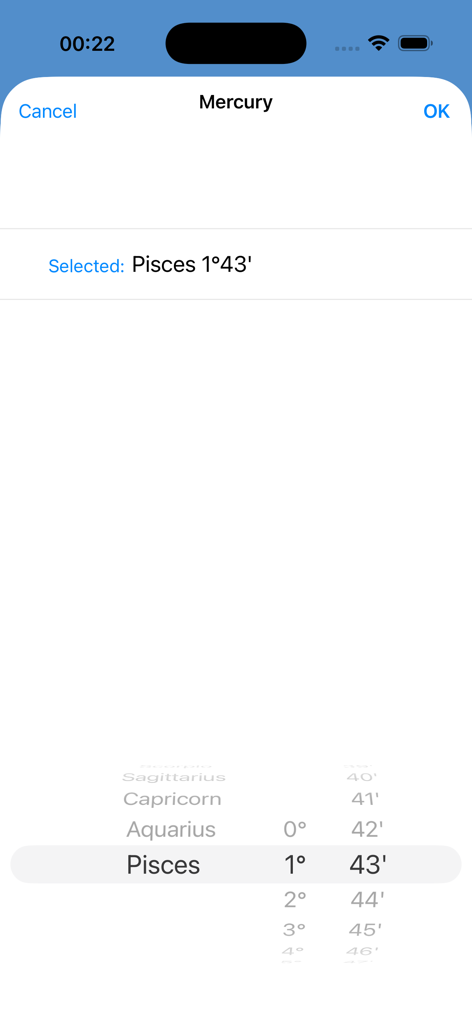 Interfaz de la aplicación Ingresses Pro que muestra un selector para elegir un signo del zodíaco y un grado específico para el planeta Mercurio.