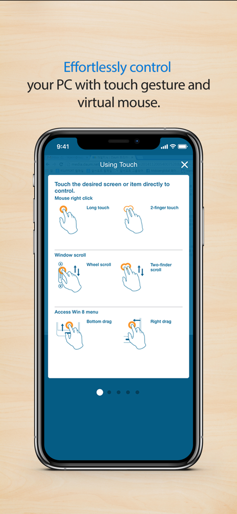 RemoteView app interface showing touch gesture guides for remote PC control including mouse right click and scrolling