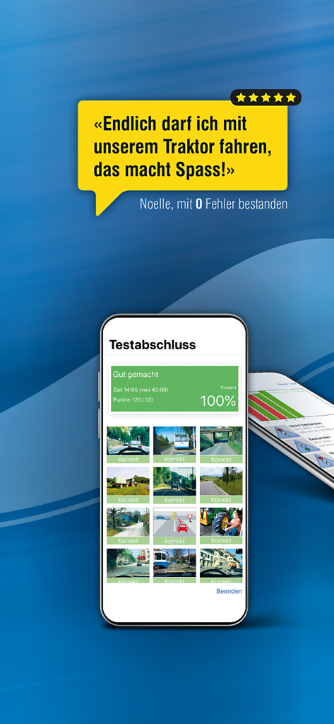 vTheorie Traktor - A mobile app screen showing a 100 percent score on a tractor driving theory test with a grid of correctly answered road situations.