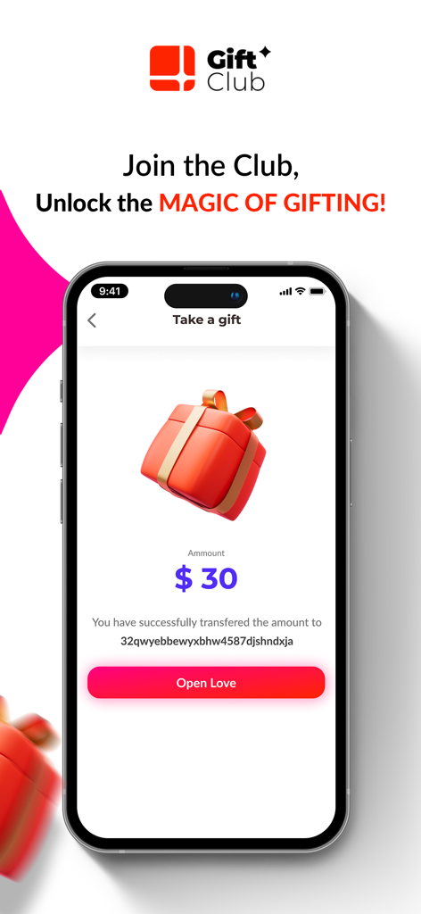 Star.Club - Un smartphone mostrando la interfaz de la aplicación Gift Club con una caja de regalo roja y un mensaje de confirmación de regalo de treinta dólares.