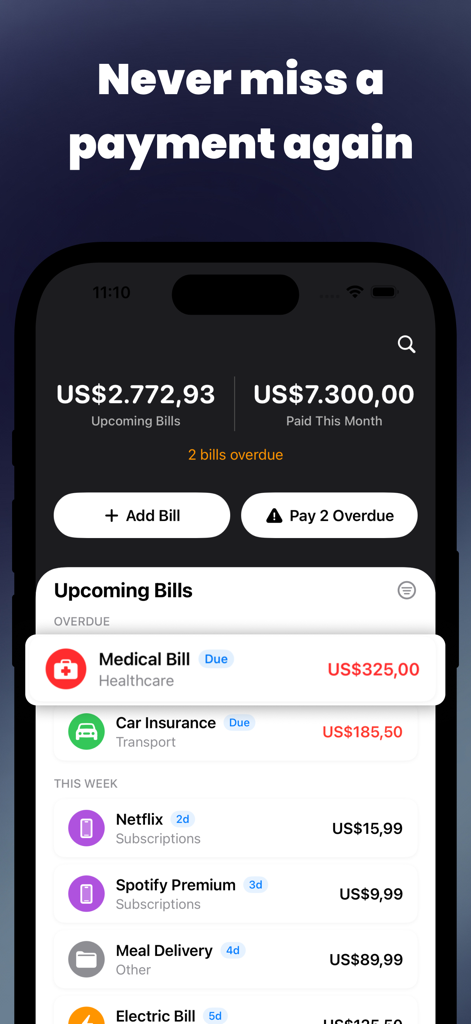 Dashboard dell'app Billwise che mostra pagamenti in ritardo e bollette in arrivo con timer di conto alla rovescia.