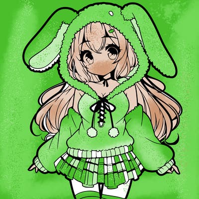 pretty anime girl wearing a fluffy hoodie with bunny ears on the hood and a skirt
