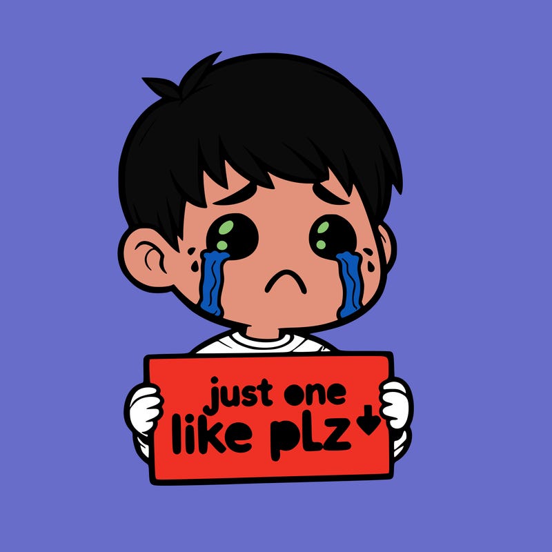 realistic crying boy with a sign saying just one like plz