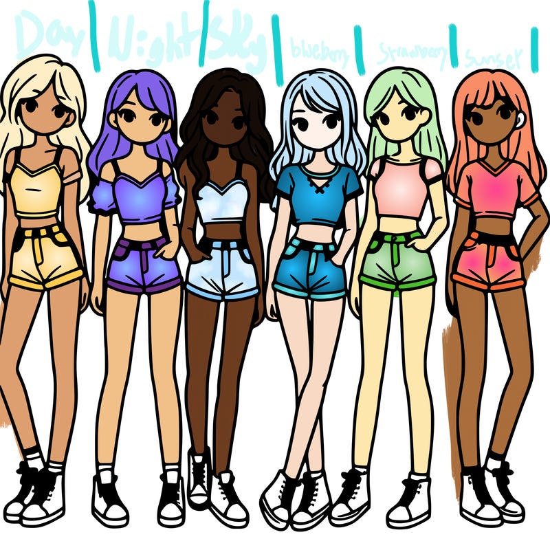 a group of girls wearing crop tops and shorts