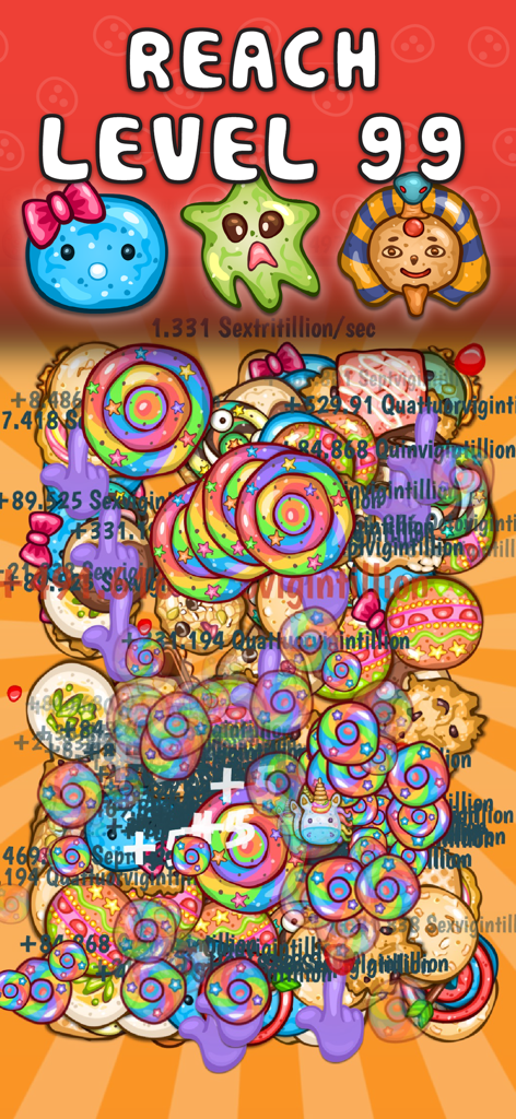 Cookies Inc. - Idle Tycoon - Captura de pantalla colorida del juego móvil que muestra una colección de galletas arcoíris y el objetivo de alcanzar el nivel 99