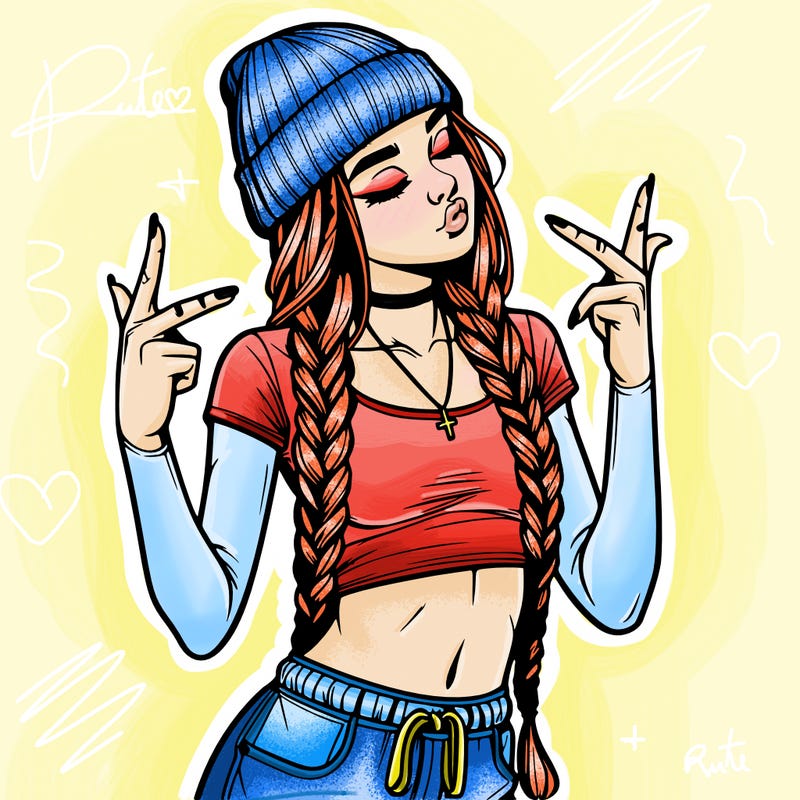 realistic teenage girl with braids and a beanie and crop top doing 🫶🏼