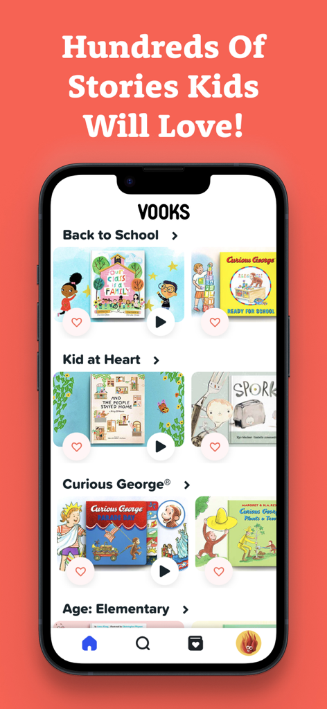 Schermata dell'app mobile che mostra la libreria digitale Vooks con categorie di libri animati per bambini e titoli popolari come Curious George.