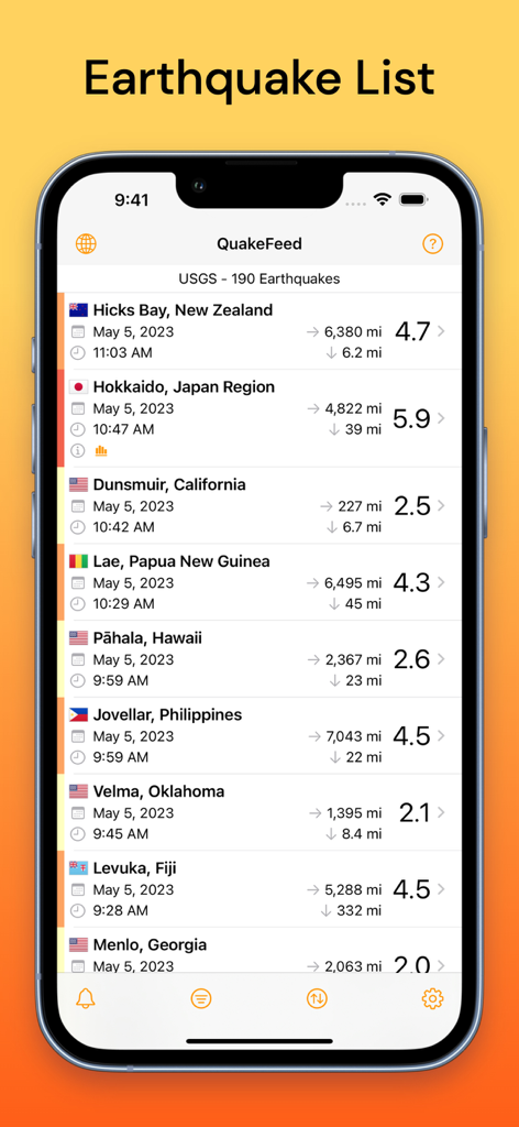 QuakeFeed Earthquake Alerts - A list of global earthquakes in the QuakeFeed app showing magnitude, location, and date details on a mobile screen.