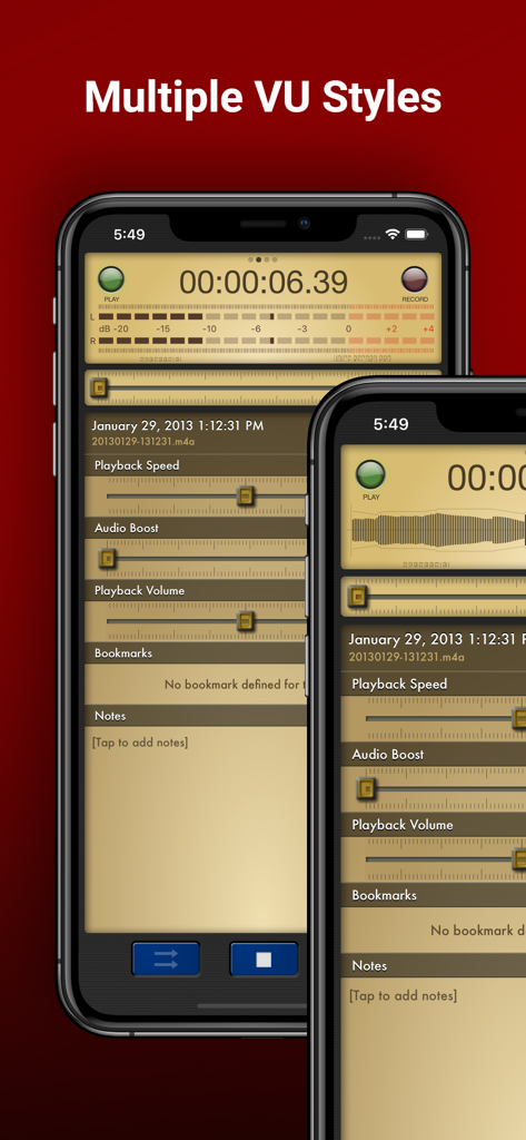 Interface do aplicativo Voice Record Pro no iPhone mostrando vários estilos de medidor VU e controles de reprodução de áudio