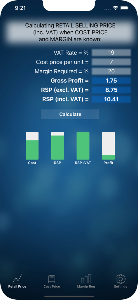 Mobiler Bildschirm mit Berechnung des Einzelhandelsverkaufspreises und der Gewinnmarge einschließlich MwSt. mit visuellen Datenbalken
