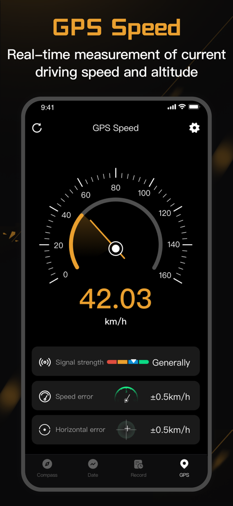 Interface de compteur de vitesse numérique affichant la mesure de la vitesse de conduite en temps réel en km/h avec la force du signal et les métriques de précision