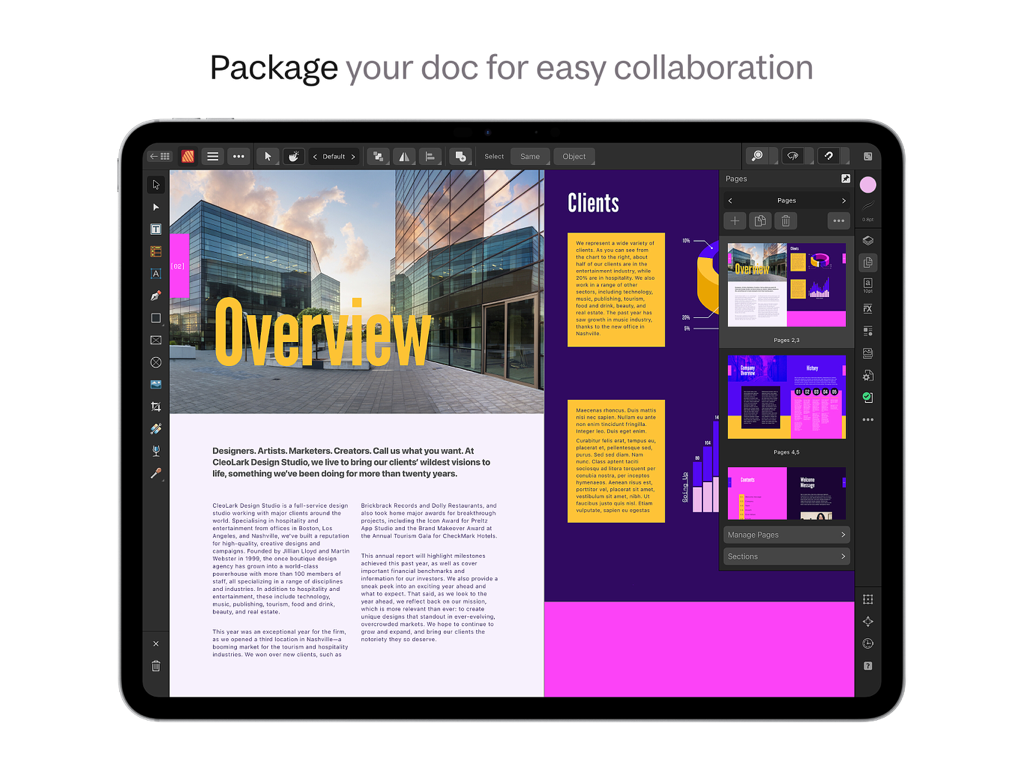 Interfaccia di Affinity Publisher 2 per iPad che mostra un layout di rivista professionale con testo e immagini in preparazione per la collaborazione