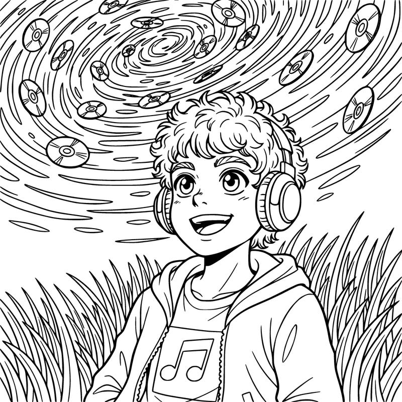 a boy with headphones on and a zip up hoodie with a graphic tee under laying on a grass field looking up at the galaxy with cds as stars and the galaxy behind them. the boy has messy curly hair with big eyes and a nice smile.
